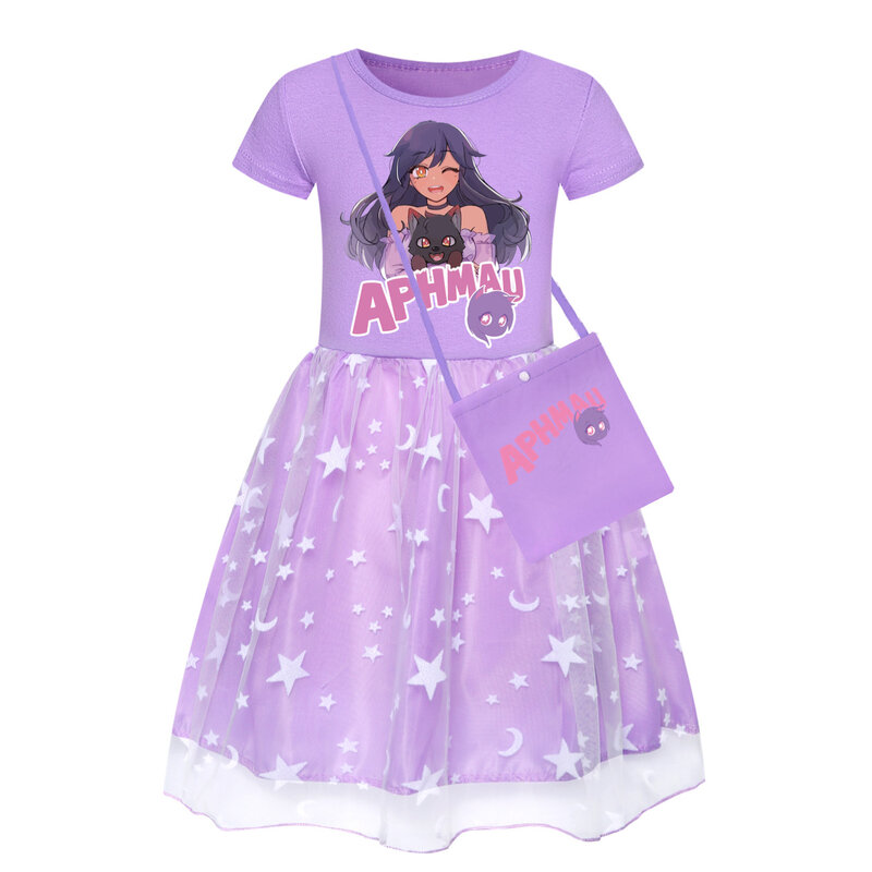 Aphimau-vestido de princesa para crianças, roupas casuais, manga curta, para a menina, festa de aniversário, casamento, verão, 2024