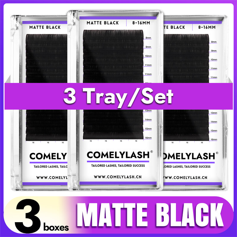 Comelylash-個々のまつげエクステ、マットブラック、ボリュームラッシュ、8-15mix、3トレイ、16行