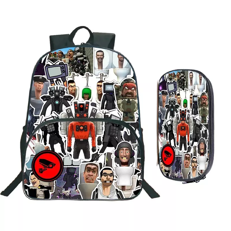 2pcs Set Nylon Backpack Skibidi Toilet Print School Bags Cartoon Waterproof Kids Backpack Large Capacity Backpacks for Boys Girl