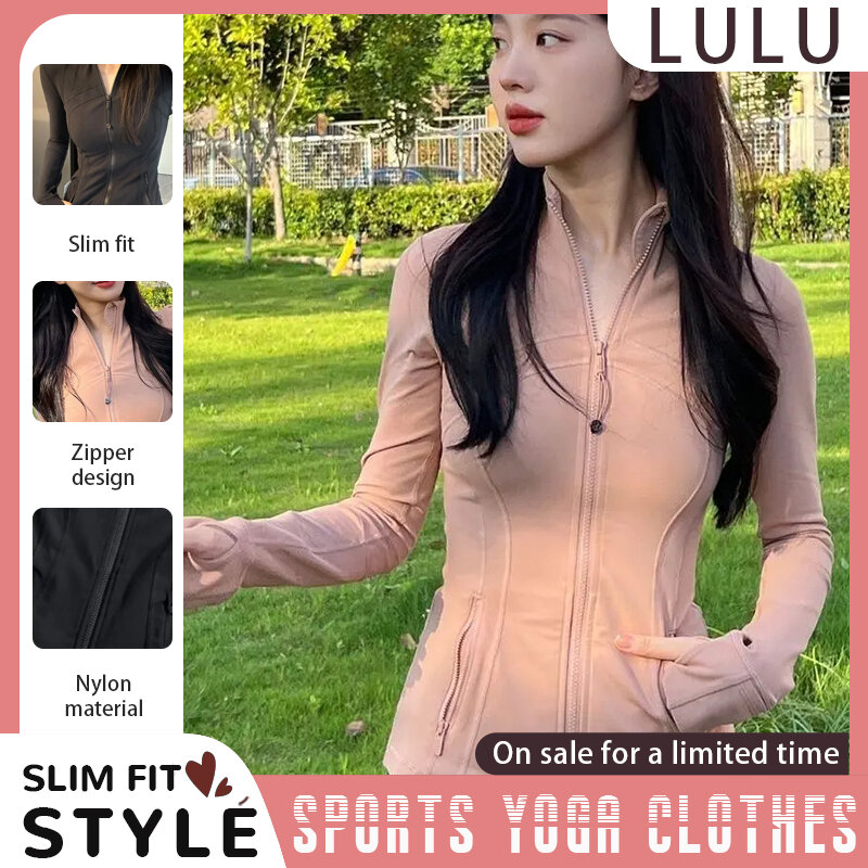 Lulu jaket olahraga Yoga dan wanita, pakaian Yoga ramping pas badan dengan Logo dan ritsleting penuh, pakaian olahraga Gym