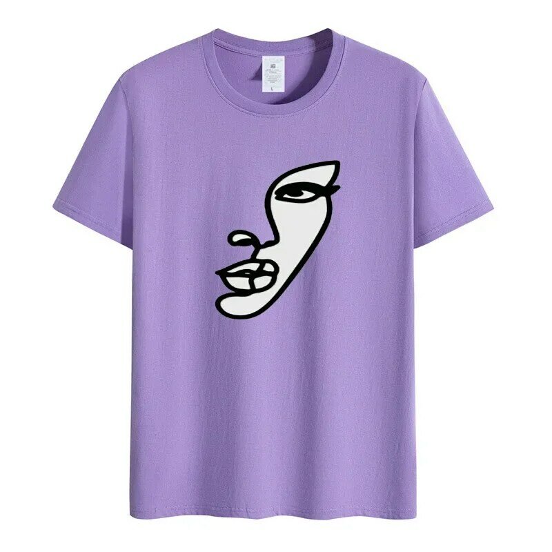 Camisetas de rosto feminino com traços simples abstratos, Hip Hop, respirável, manga curta, macio, tops casuais de rua, camisetas femininas