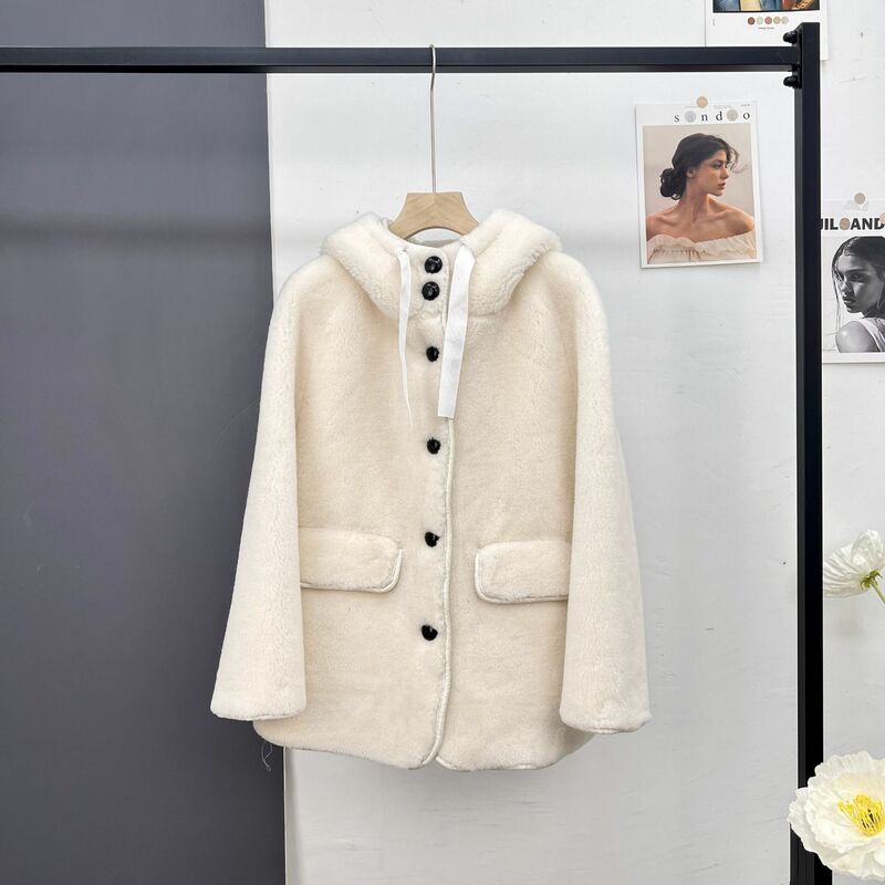 2023 Winter Full Wool Fur Coat Grain Hooded Women's Mid length Thickened Korean Sweater Wide Loose Fit