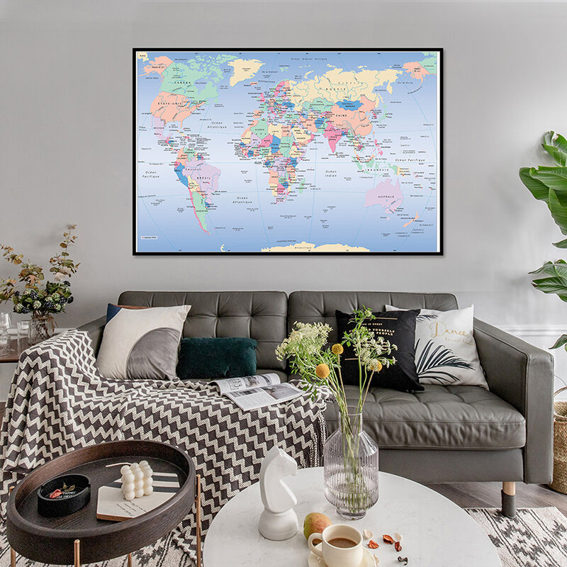 Mapa clásico del mundo con distribución política en francés 84*59cm, lienzo no tejido, pintura, imágenes artísticas decorativas para pared del hogar