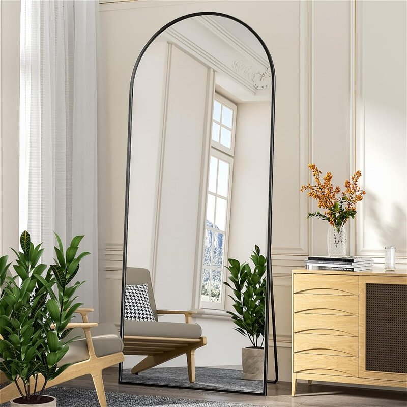 Grande Arched Floor Mirror com suporte, parede montada espelhos, comprimento total, preto, 71x28 em