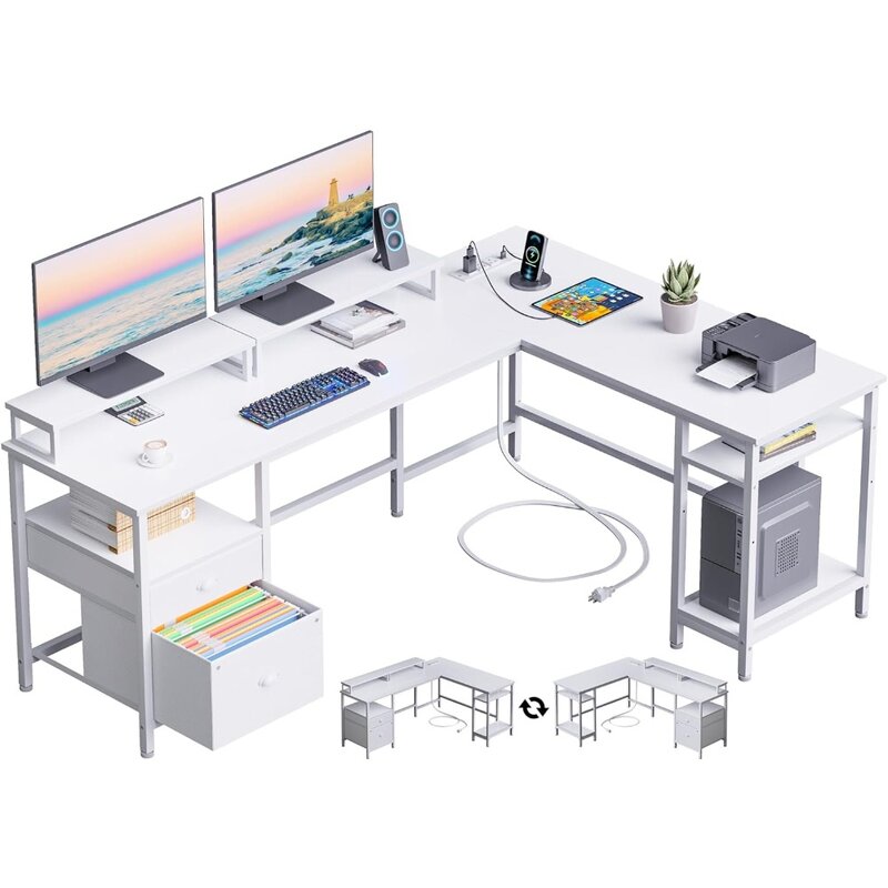 Furologee putih 66 "L meja berbentuk dengan Power Outlet, meja komputer reversibel dengan laci File & 2 stand Monitor, rumah