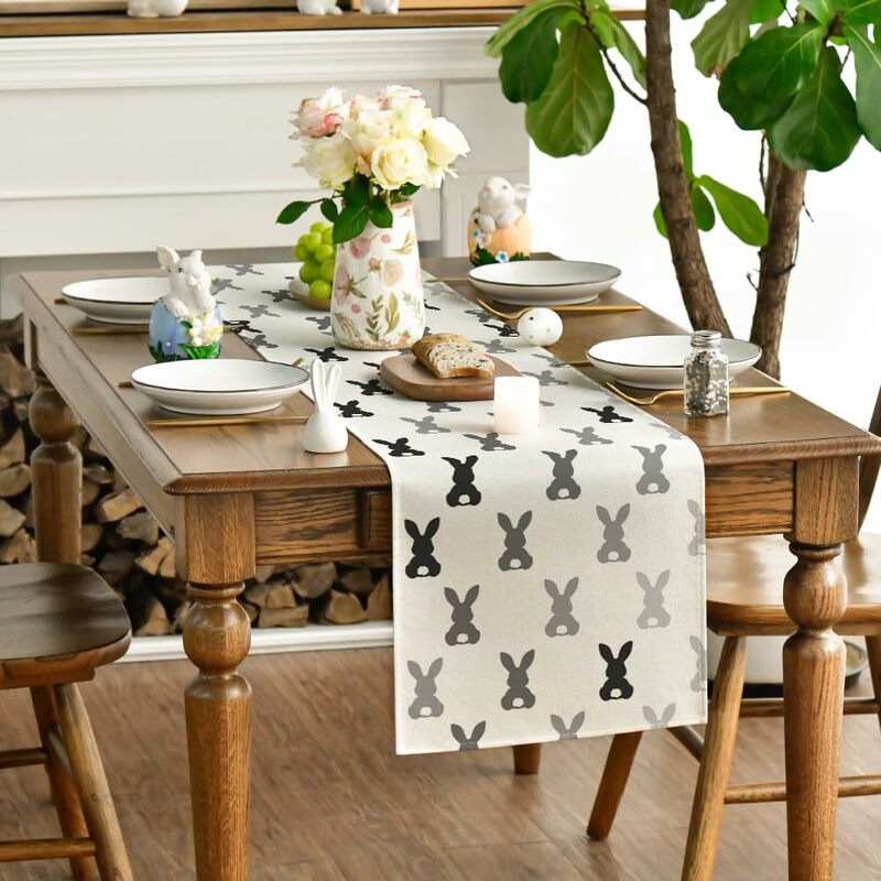 キャンドルバニーテーブルランナーダイニングテーブル、春の装飾家庭用およびパーティー用、ウサギとより速い、キッチン