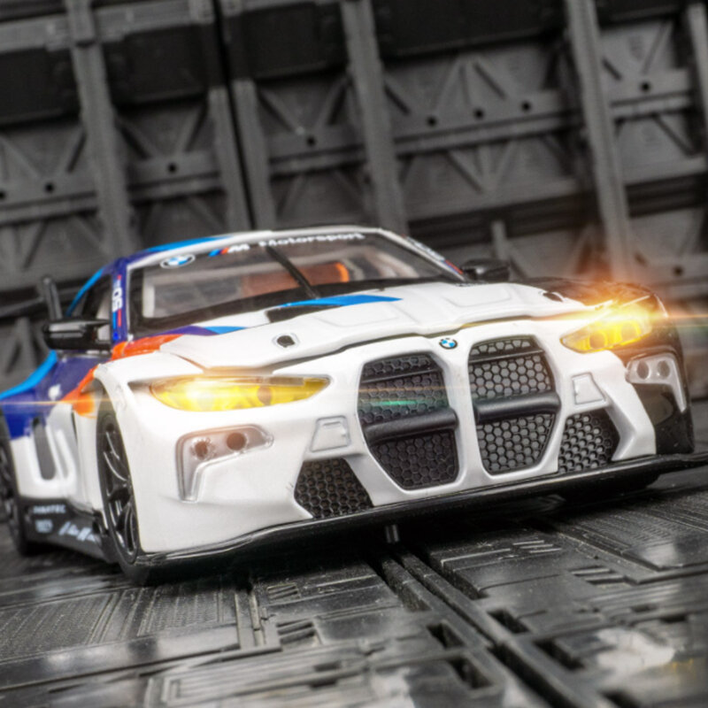 Modèle réduit de voiture de sport BMW GT3 en alliage moulé sous pression, échelle 1/55e, véhicule l'inventaire en métal, simulation sonore et lumineuse, idéal comme cadeau pour un enfant