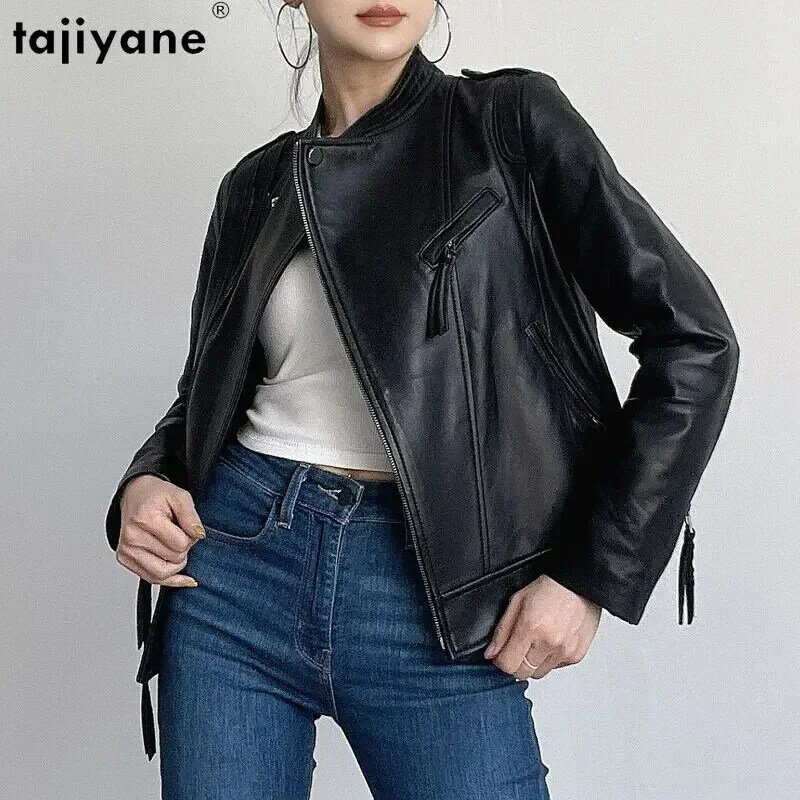 Tajiyane 여성용 진짜 양가죽 재킷, 2023 진짜 가죽 코트, 짧은 가죽 재킷, 여성 패션, 슬림 바이커 아웃웨어