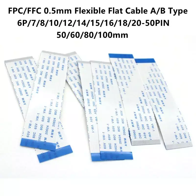 10Pcs FPC/FFC 0.5mm Flexible Flat Cable A/B Type 50/60/80/100mm 6P/7/8/10/12/14/15/16/18/20/22/26/28/30/32/34/38/40/50PIN