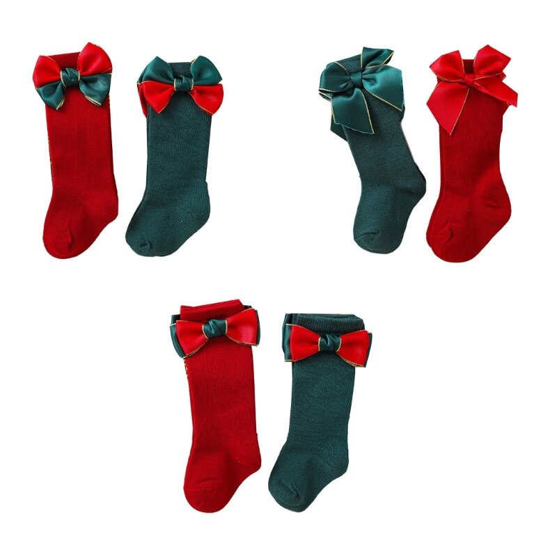 Bowknot 장식과 2 쌍 크리스마스 양말 솔리드 컬러 무릎 길이 스타킹 아기 소녀를위한 휴일 파티 선물