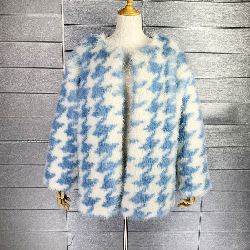 Houndstooth casaco de pele de raposa falsa para mulheres, jaqueta com gola O, manga comprida, outwear peludo, azul e branco, outono e inverno, 2023