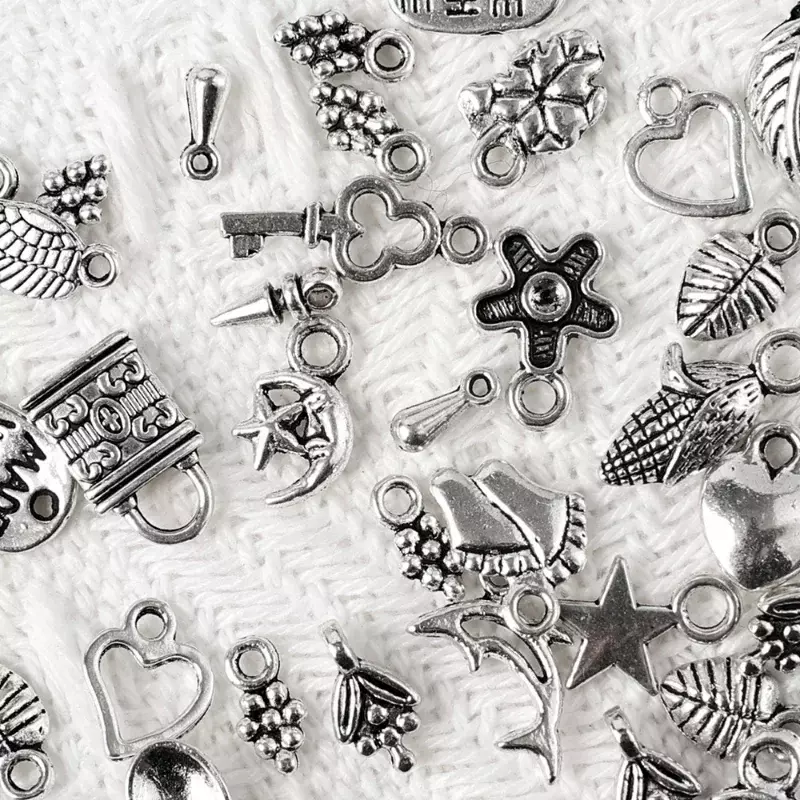 Dijes de plata tibetana de 100 piezas, corazón mixto, mariposa, llave, corona, colgantes, joyería DIY para collar, pulsera, accesorios para hacer