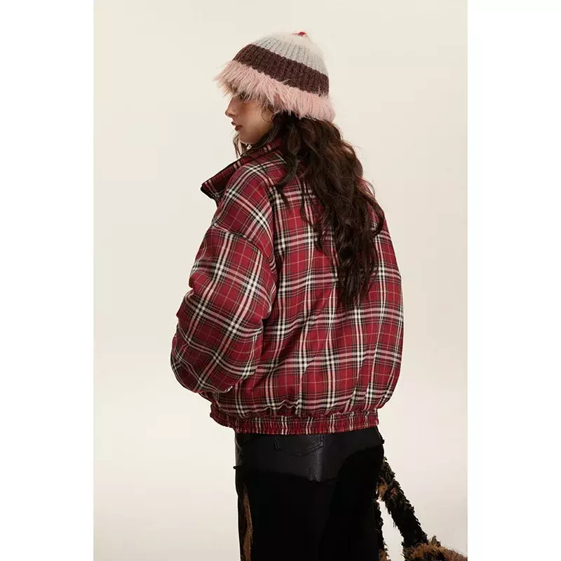 Dwustronna kurtka Parka męska damska przycięta w kratę zimową grubą stójką luźny płaszcz Street Outwear New lekki