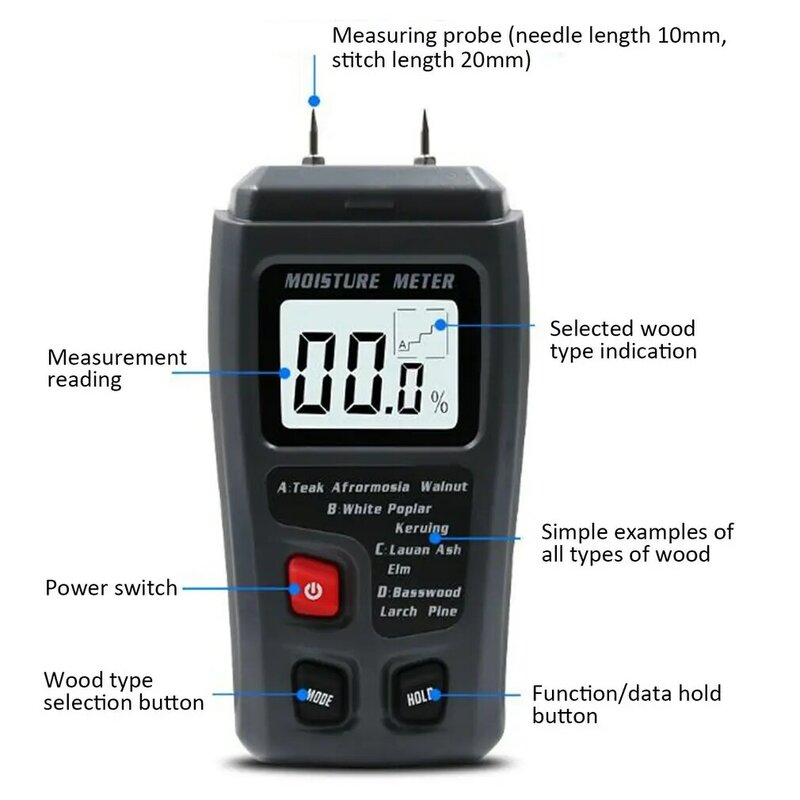 Humidimètre numérique EMT01 0-99.9% à deux broches, testeur d'humidité du bois, hygromètre, détecteur d'humidité du bois, grand écran LCD