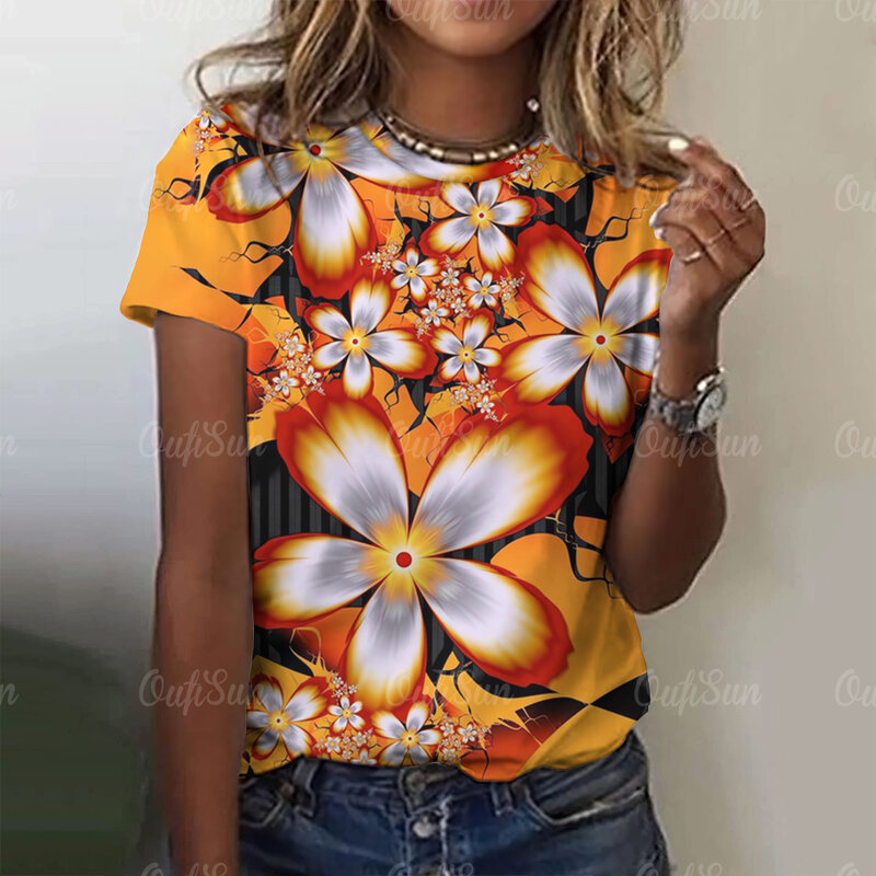 Camiseta feminina com flores abstratas estampadas, pulôver casual, camiseta solta de mangas curtas, roupa feminina, moda verão, 2024