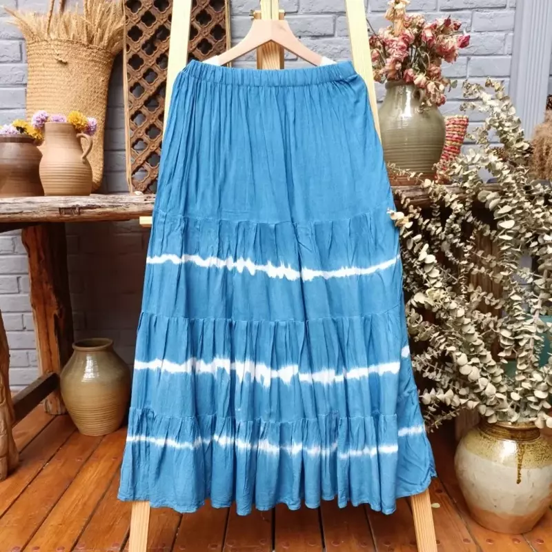 Falda larga de viaje para mujer, falda de cuatro secciones, teñida a mano, media falda empalmada de Batik azul, novedad de 2024