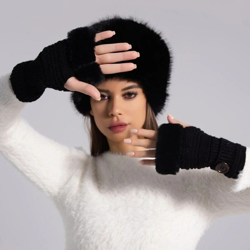 Women Winter Faux Fur Plush Bucket Hat+Fingerless Gloves Lady Casual Outdoor Cold Weather Windproof Russian Style Mongolian Hat
