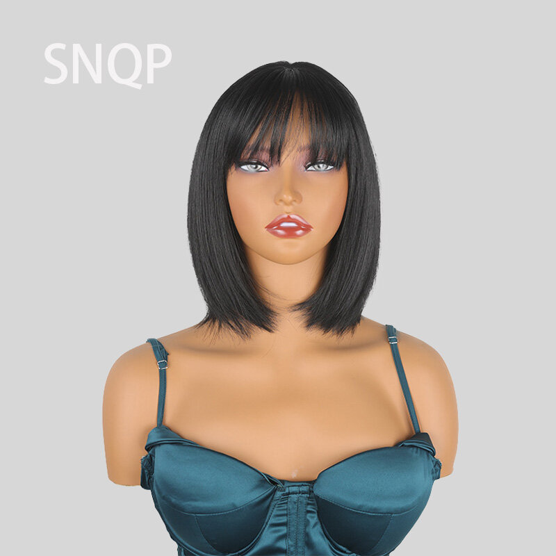SNQP Wig hitam lurus pendek 36cm Wig rambut bergaya baru untuk Wig sintetik tahan panas pesta Cosplay harian wanita