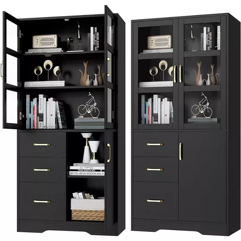 Tall Storage Cabinet with 2 Glass Display Door & Shelves & 3 Drawer, Modern Linen Cabinet Freestanding for Bathroom