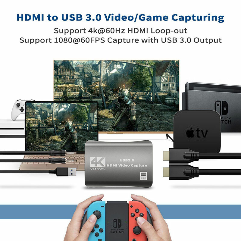 Tarjeta de captura de vídeo HD 4K, 60fps, USB 3,0, salida de bucle para HDMI, compatible con micrófono de Audio, Streaming, PS4 5, Nintendo Switch, captura de juegos