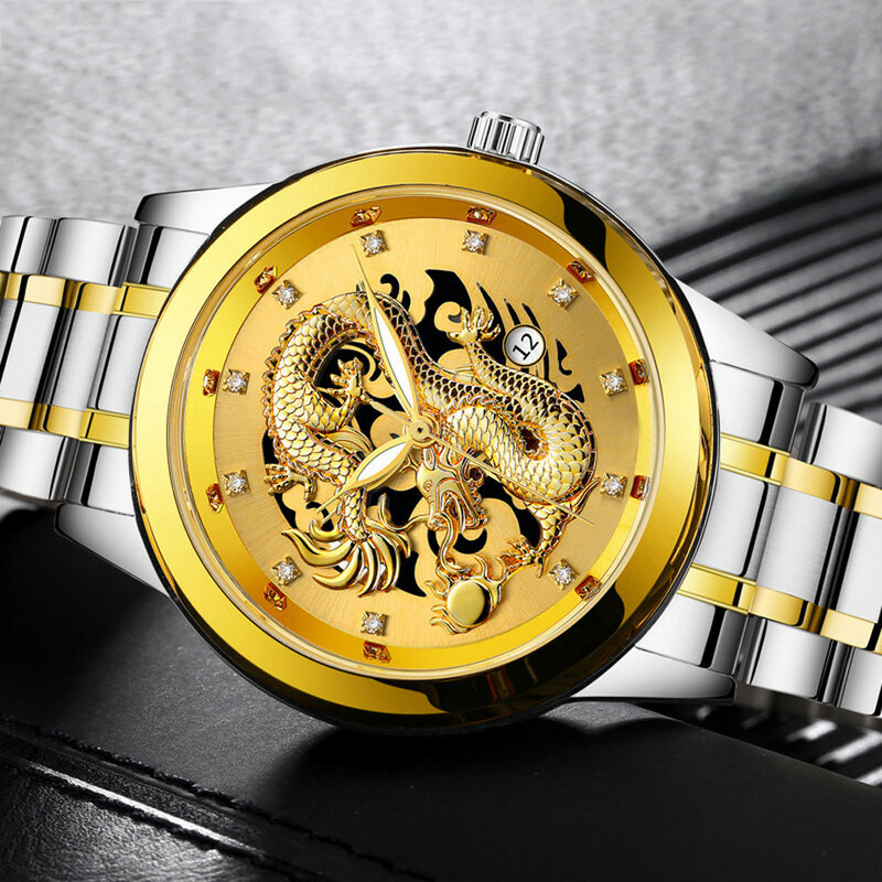 Homens e mulheres impermeável ouro dragão escultura relógio quartzo, luxo aço relógio de pulso, requintado moda, Saat Er