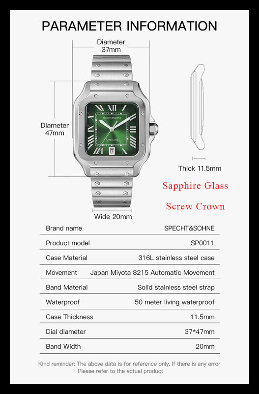 Specht&Sohne New Men's Watches Japan Miyota 8215 Movt Mechanical Wristwatches Stainless Steel 50M Waterproof Relogio Masculino