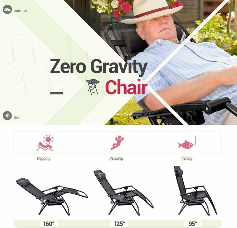 Zero Gravity Folding Recliner Chair Set com mesa lateral, Pátio Lounge Chairs, cadeira reclinável portátil, ao ar livre, 3 pcs