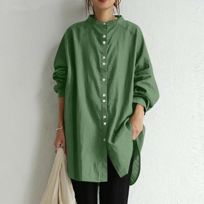 Kobiety Casual Vintage Solid Shirt Tunics 2024 Summer Button Loose Chic Cardigan Office Lady Long Sleeve Cotton Linen Blouse