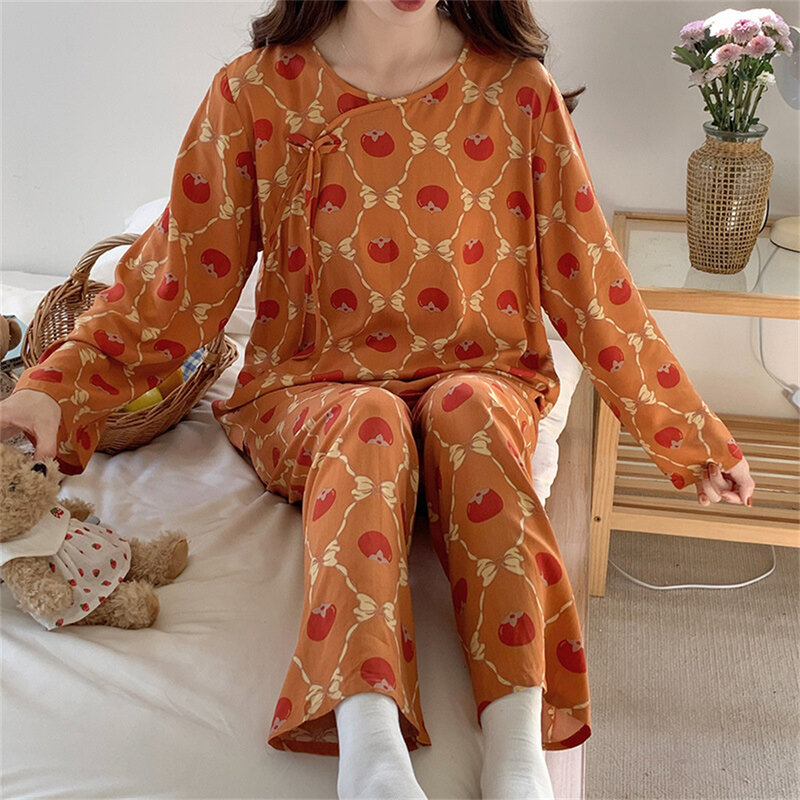 Setelan pakaian tidur motif manis, musim panas celana lengan panjang tipis setelan piyama gaya China longgar bersirkulasi dua potong pakaian rumah