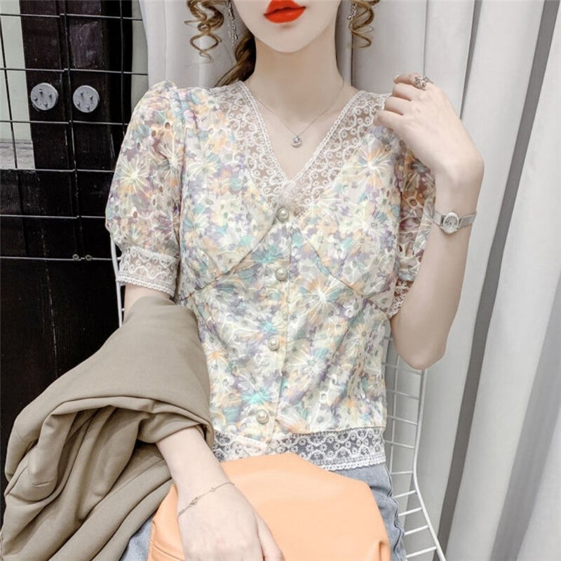 Women Floral Print Lace Embroidery Vintage Elegant Shirt Summer Korean Fashion V Neck Sweet Kawaii Blouse Short Sleeve Chic Tops