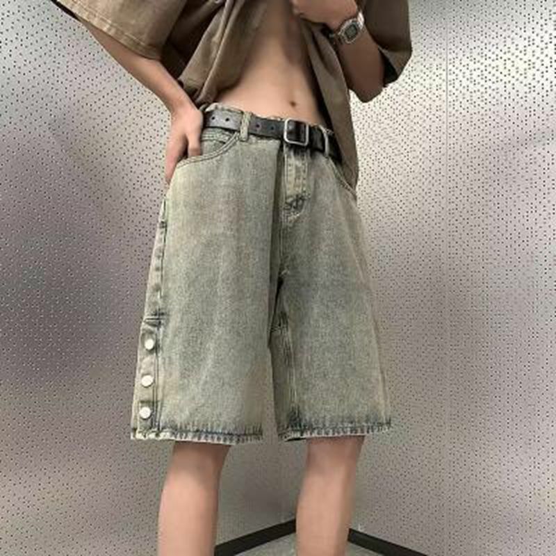 กางเกงยีนส์2024ขาสั้นมีกระดุมด้านข้างแนวสตรีท celana pendek DENIM ฮิปฮอปลำลองขากระชับแฟชั่นใหม่เกาหลีฤดูร้อน