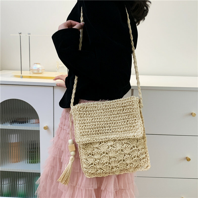Simple Straw Crossbody Bags For Women Summer Woven Shoulder Bags Shopping Purse Beach Handbag Straw Handbags Travel Bag