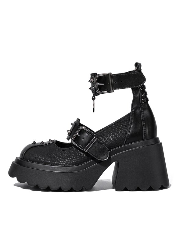 Sepatu hak tinggi wanita, sepatu hak tinggi rantai paku keling sepatu kulit Lolita, pompa Platform tebal wanita 2024