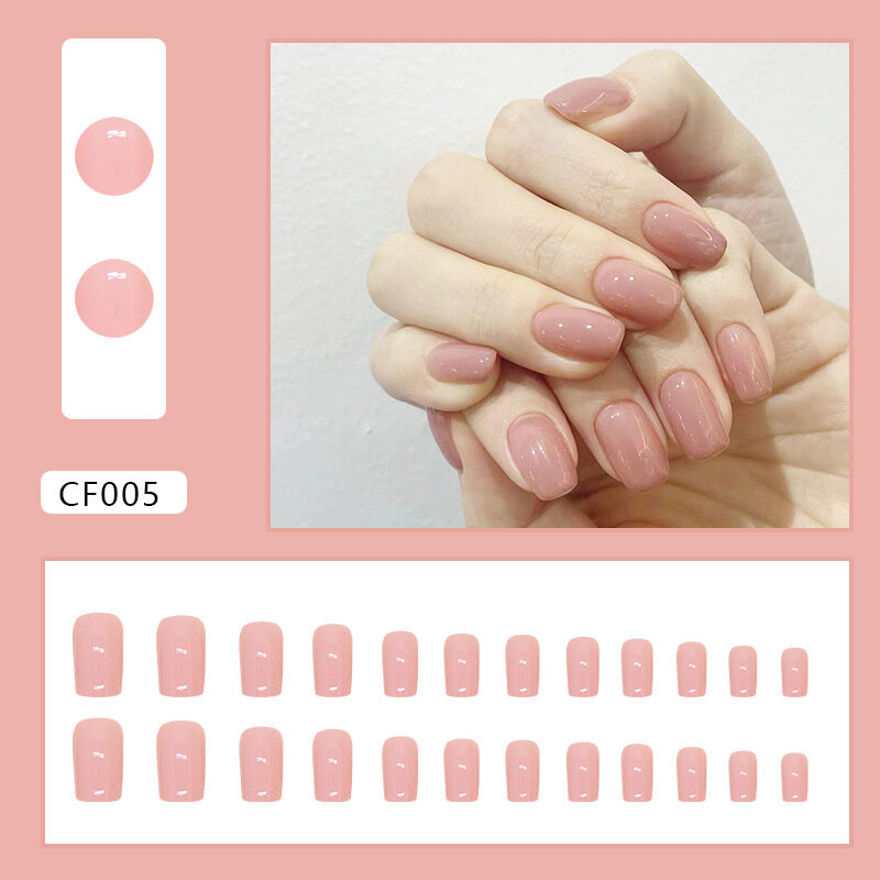 24Pcs Wearable Solid Color Fake Nails with Glue Simple Square False Nail Pink Short Detachable Press on Nail Tips Nude Manicure