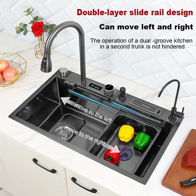 Large 304 Stainless Steel Kitchen Waterfall Sink Digital Display Single Sink Dish Basin Sink with Multifunction Touch Waterfall