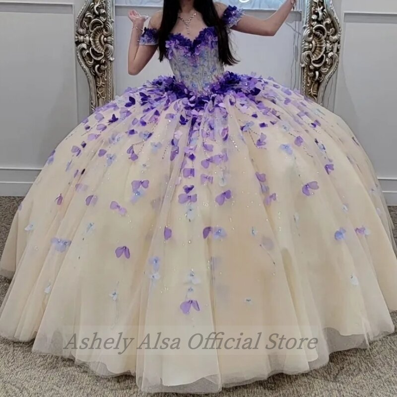 Ashely Alsa Quinceanera abiti Ball Gown Birthday Party Dress Flower Tull Lace Up Prom Gown Sweet 16 Vestido De 15 14 Anos 2024