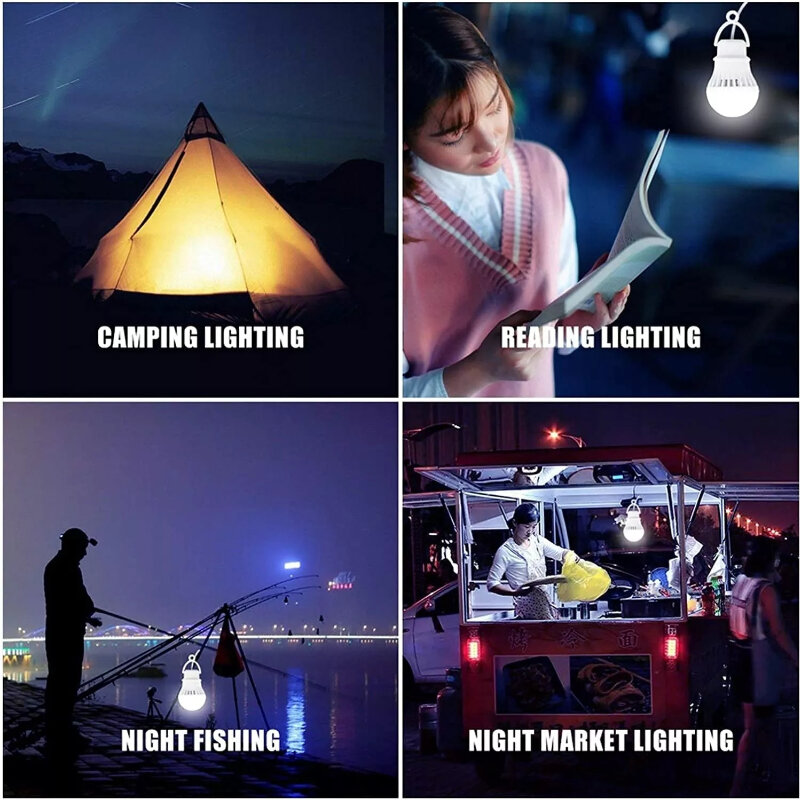 Ampoule LED avec prise USB, banque d'alimentation mobile, lampe de livre portable, veilleuse, lumière de secours étanche, lumière de décrochage de marché nocturne, 5V