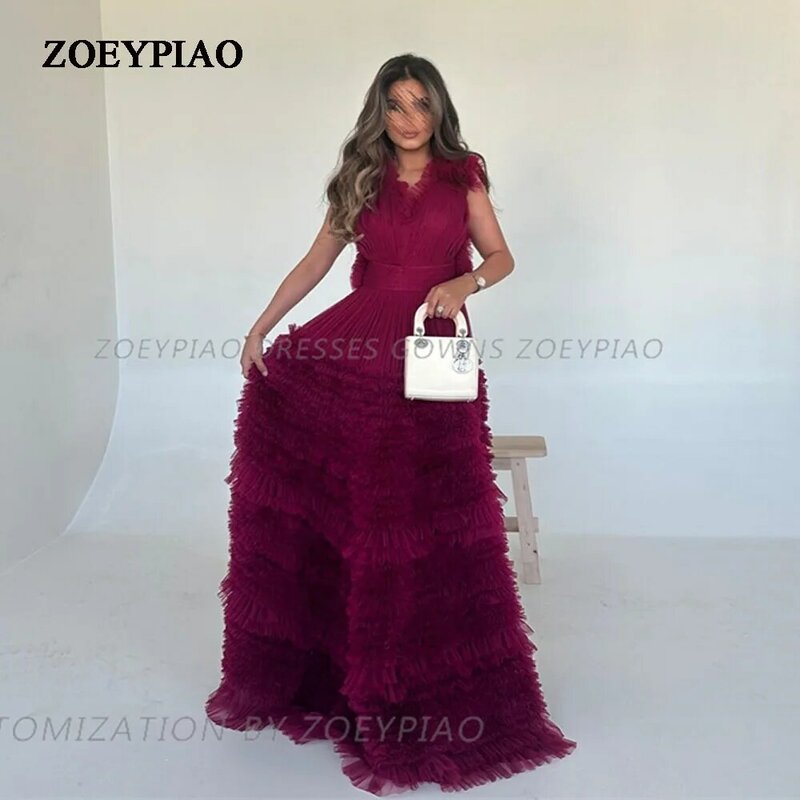 Special Purple Tiered Ruffles Tulle Evening Dresses Sleeveless Saudi Arabic A-Line Pleat Ruched Saudi Arabic Party Gowns 2024