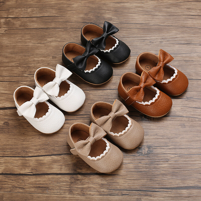 Chaussures décontractées pour bébés, nœud papillon antidérapant, semelle souple en caoutchouc, décor de nœud plat en PU pour premier pas du nouveau-né