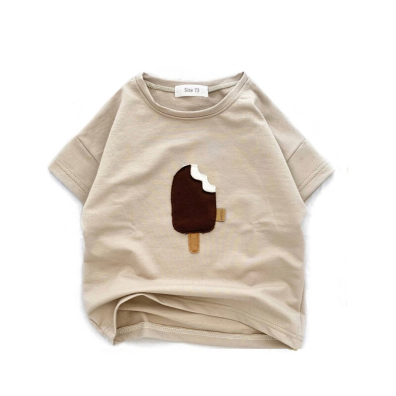 T-shirt à Manches Courtes en Pur Coton pour Bébé Garçon et Fille, Vêtement Surdimensionné, Patch Popsicle, Doux, Col Rond, Collection Été 2024