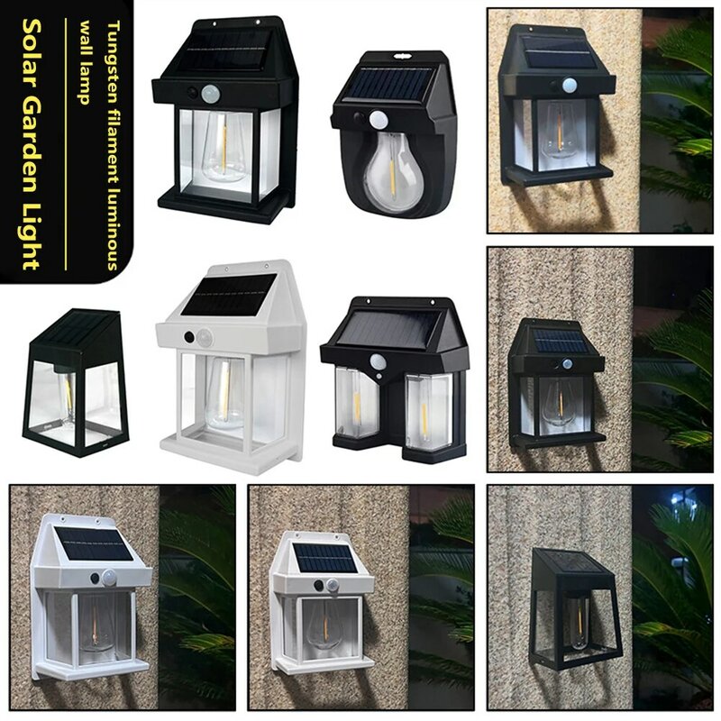 Solar LED Wall Lights com bulbo de filamento de tungstênio Indução humana impermeável 3 modos Outdoor Solar Fence Lights para Yard