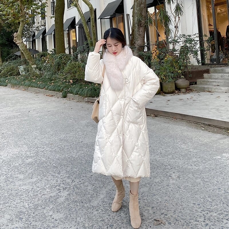 Big Fur Collar White Duck down Mid-Length Loose over Knee down Jacket for Women