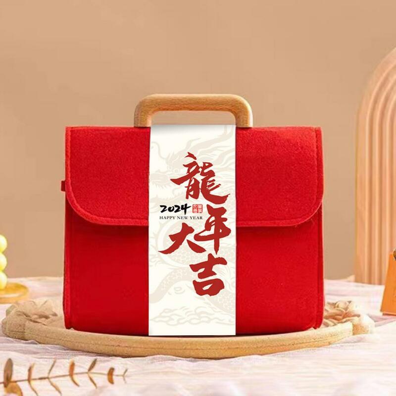 Portable Festive Box Chinese National Style New Year Gift Box with Durable Handle Tassels Fine Workmanship Festive for 2024