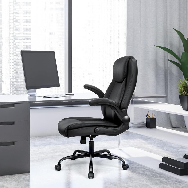 Silla de oficina ergonómica de cuero PU, sillón ejecutivo acolchado con reposabrazos abatible hacia arriba, altura ajustable, respaldo alto