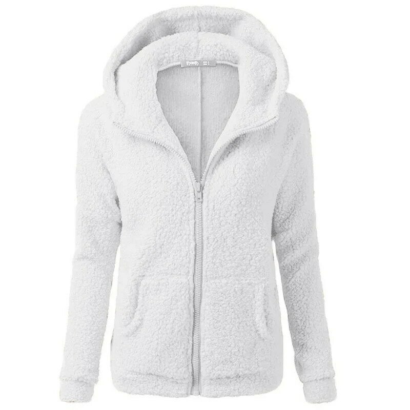 Winter Jackets for Women Zipper Fleeces Long Sleeved Casual Pocket Warm Plush Hooded Loose Casual Solid Color Jacket Pullovers