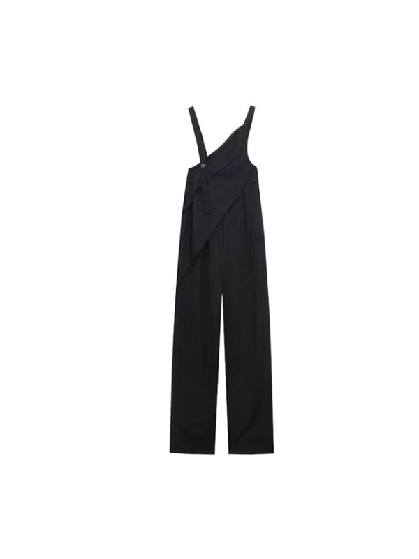 Women's Dark Gray Irregular Suit Suspenders Jumpsuit Summer Commuter Design High Waist Loose Thin Simple Trousers Female