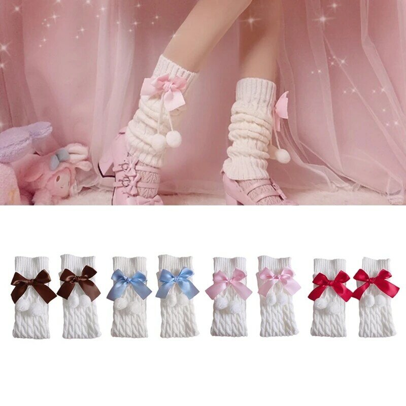 Chauffe-jambes avec nœud en peluche pour femmes et filles, chaussettes montantes tricotées, T8NB