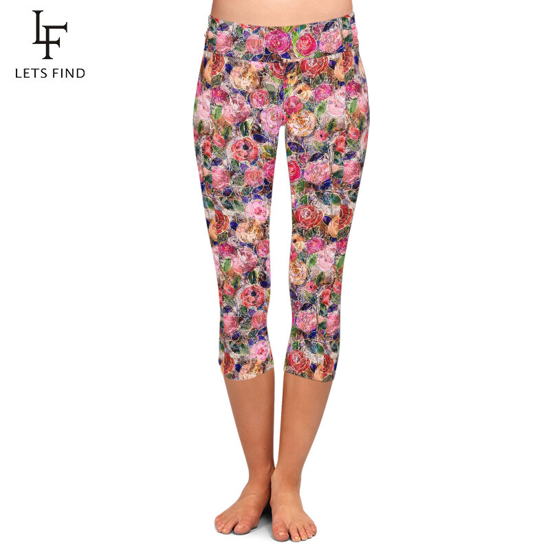LETSFIND-Leggings capri de fitness pour femmes, pantalon mi-mollet, taille haute, imprimé de fleurs colorées en 3D, filles sexy, été, nouveau, 3/4
