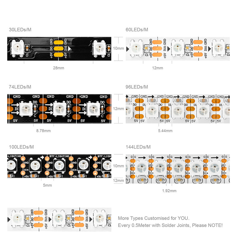 1M 2M 4M 5M WS2812B RGB แถบไฟ LED 30/60/74/96/100/144พิกเซล/Leds/M แอดเดรส WS2812สีดำ/สีขาว PCB IP30/65/67 5V