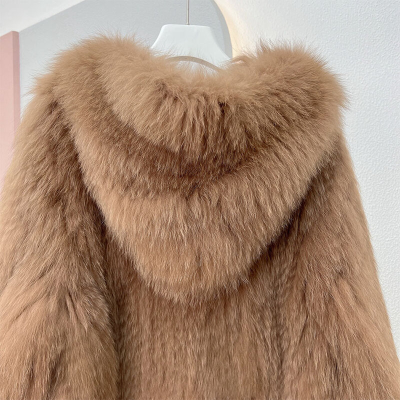 Abrigo de punto de piel de zorro Natural Real para mujer, chaqueta con capucha de manga larga de lujo de alta calidad, talla grande, caliente, invierno, 2023